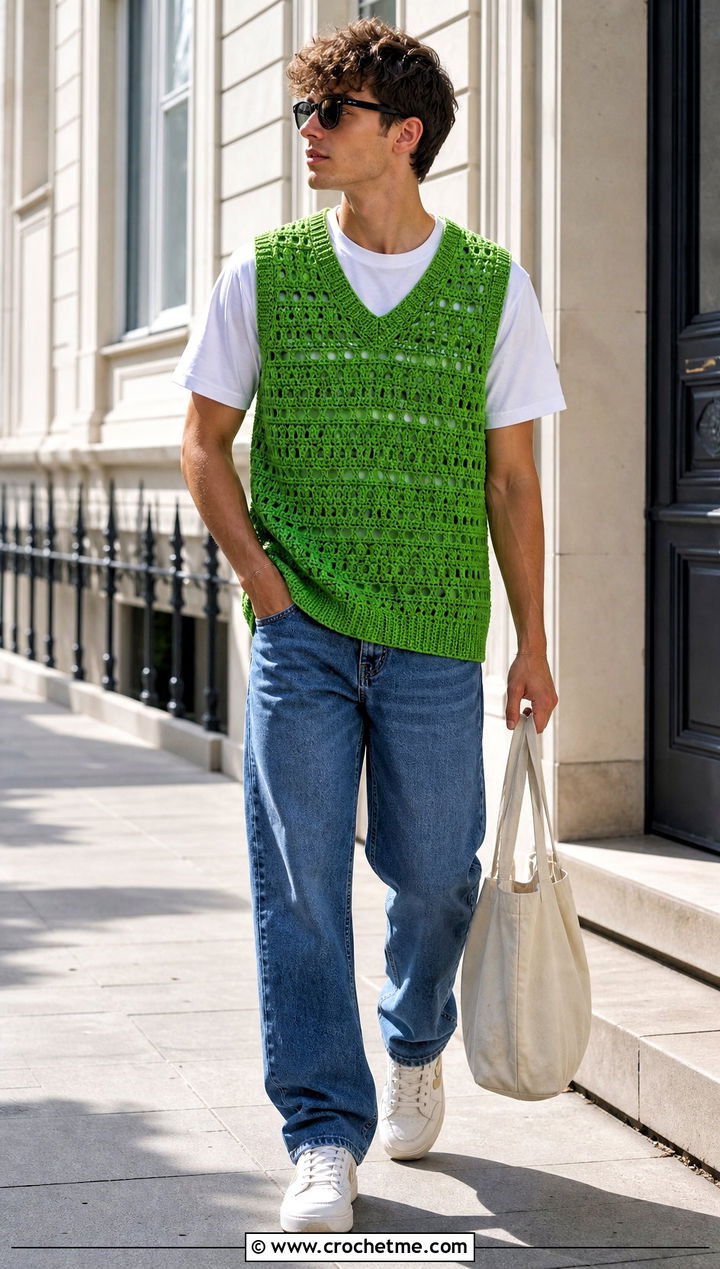 Sleeveless Crochet Vest With White T Shirt And Jeans - 30 men crochet top outfit ideas