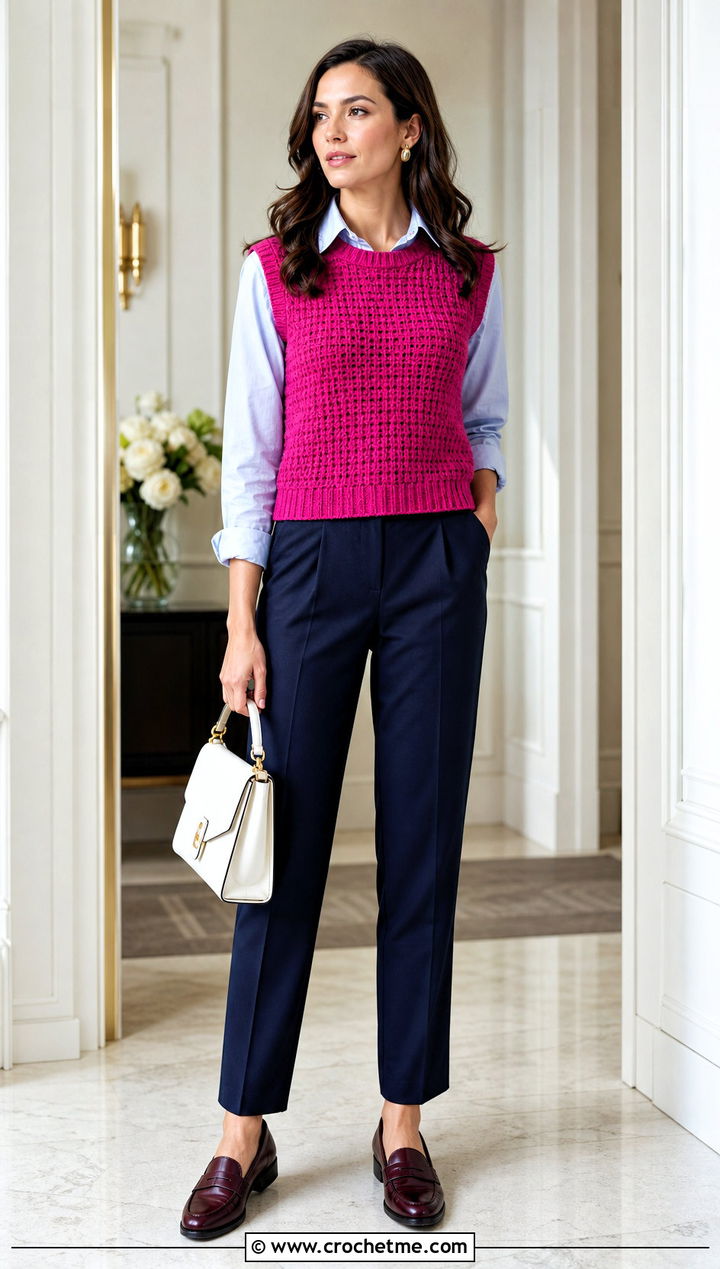 Sleeveless Crochet Waffle Sweater Vest With Tailored Pants - 15 Crochet Waffle Sweater outfit ideas