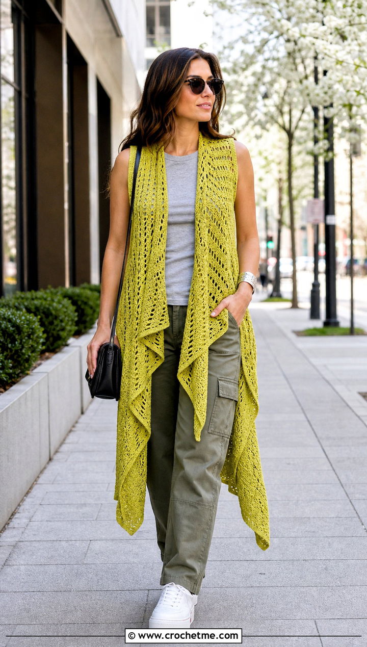 Sleeveless Crochet Waterfall Cardigan With Cargo Pants - 25 crochet waterfall cardigan outfit ideas