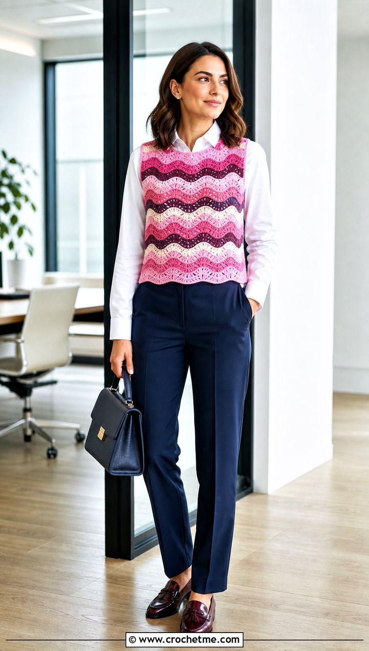 Sleeveless Crochet Wave Sweater With Poplin Shirt And Trousers - 30 crochet wave sweater outfit ideas