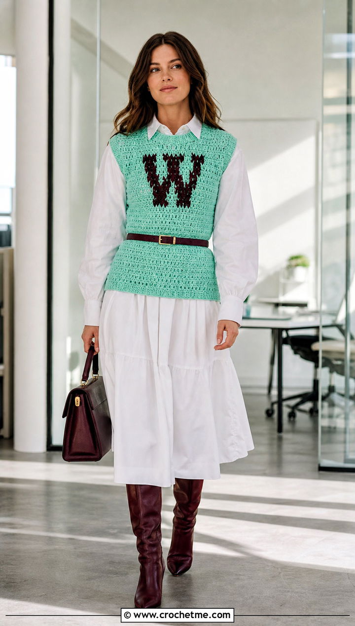 Sleeveless Crochet Weasley Sweater With Poplin Dress - 35 crochet weasley sweater outfit ideas