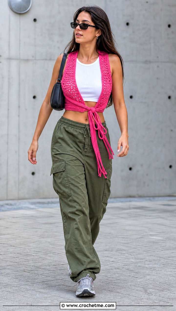 Sleeveless Crochet Wrap Shirt With Cargo Pants - 30 crochet wrap shirt outfit ideas