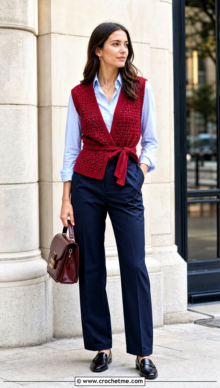 Sleeveless Crochet Wrap Vest With Poplin Shirt - 25 wrap around crochet top outfit ideas