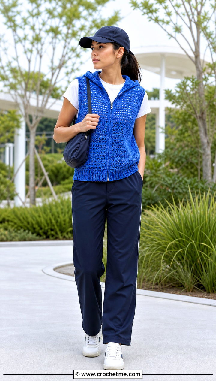 Sleeveless Crochet Zip Up Hoodie With Track Pants - 30 crochet zip up hoodie outfit ideas