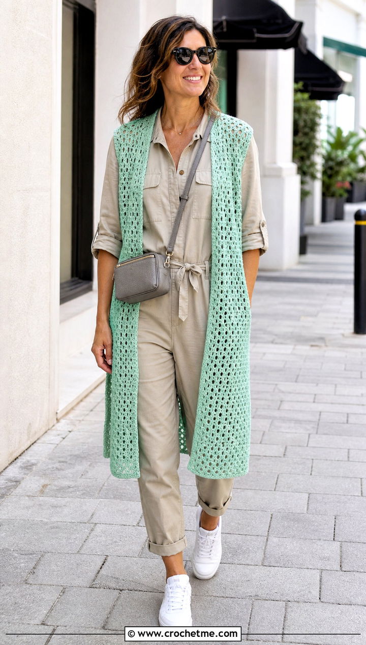 Sleeveless Crocheted Kimono With Utility Jumpsuit - 25 Crocheted Kimono outfit ideas