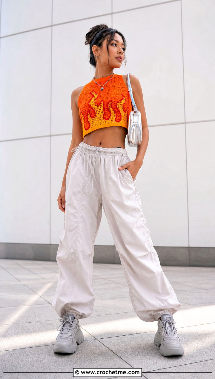 Sleeveless Cropped Crochet Fire Sweater With Parachute Pants - 25 Crochet Fire Sweater outfit ideas