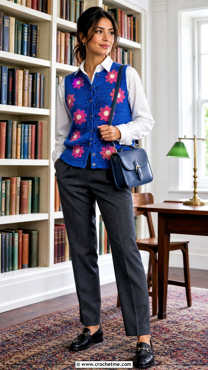 Sleeveless Daisy Cardigan With Poplin Shirt - 35 Crochet Daisy Cardigan outfit ideas