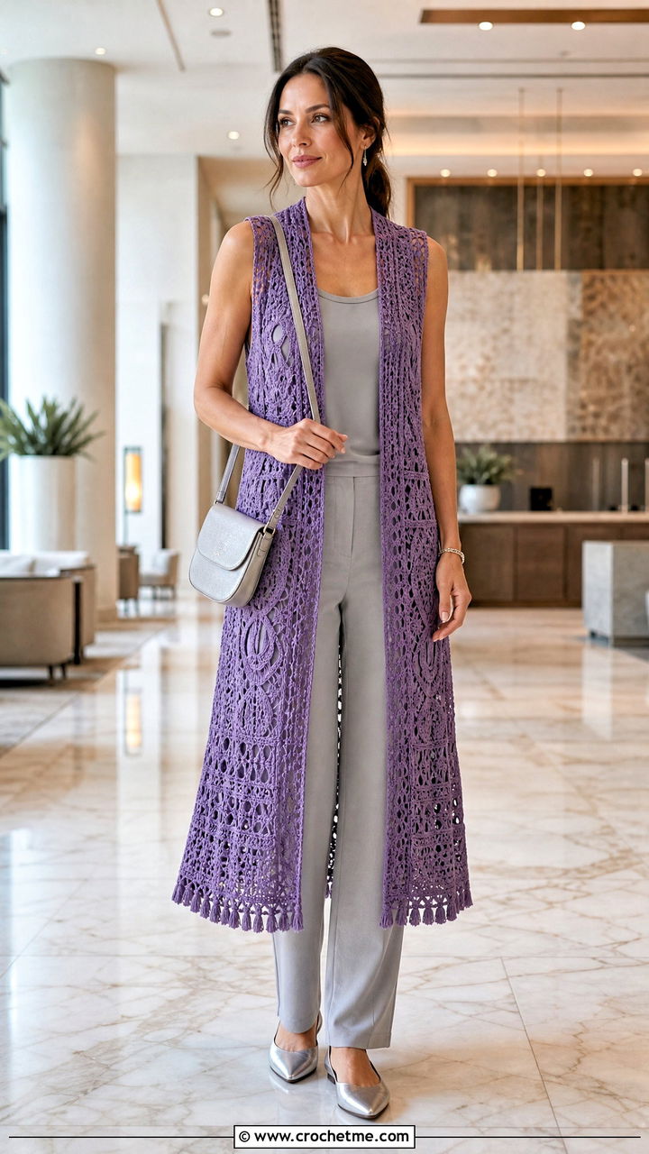 Sleeveless Duster Boho Crochet Cardigan With Monochrome Basics - 35 Boho Crochet Cardigan outfit ideas