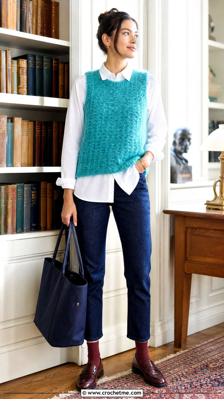 Sleeveless Fuzzy Crochet Fluffy Sweater With Button Down Shirt - 35 crochet fluffy sweater outfit ideas