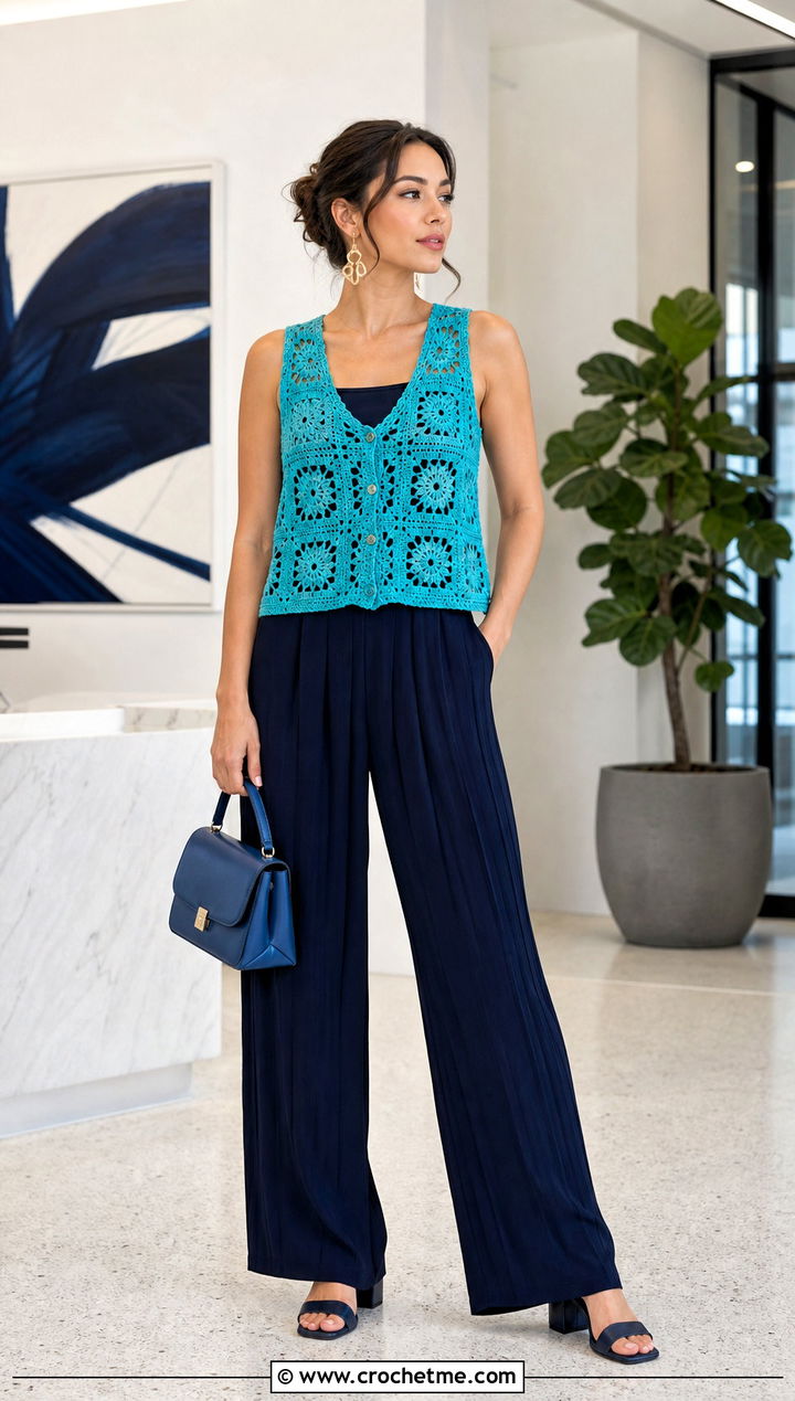 Sleeveless Granny Square Blouse With Pleated Trousers - 35 Granny Square Blouse outfit ideas