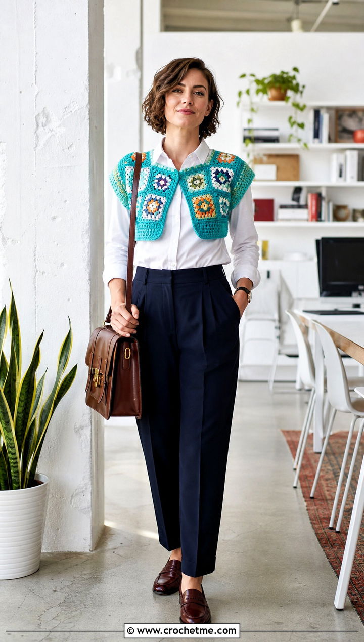 Sleeveless Granny Square Bolero With Button Down Shirt - 35 granny square bolero outfit ideas
