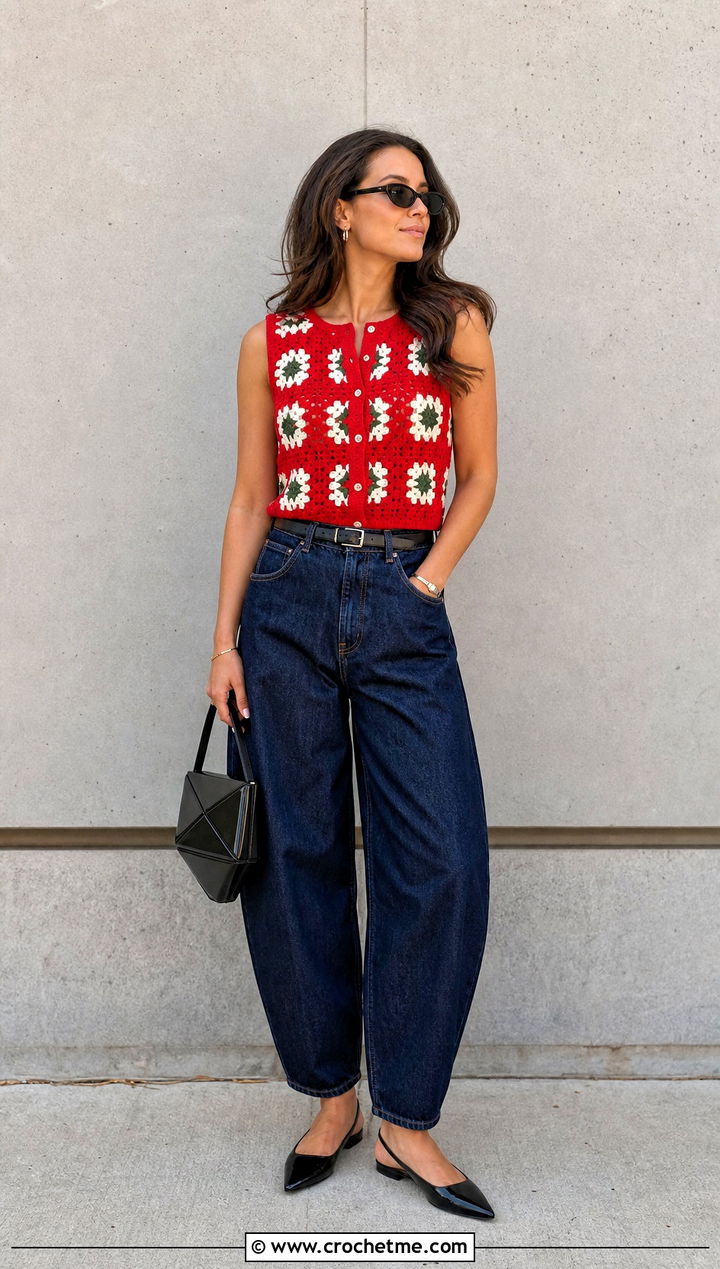 Sleeveless Granny Square Button Up Shirt With Barrel Jeans - 25 Granny Square Button Up Shirt outfit ideas