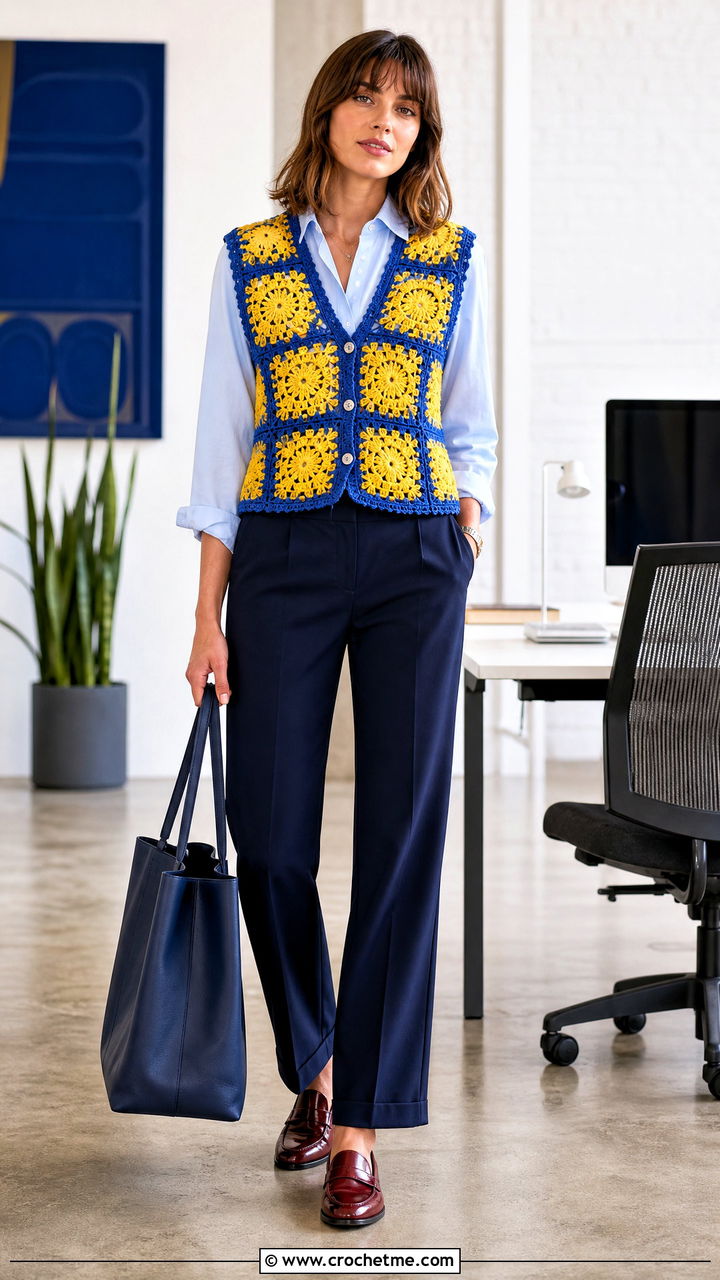 Sleeveless Granny Square Cardigan With Button Down Shirt And Trousers - 35 crochet granny square cardigan outfit ideas