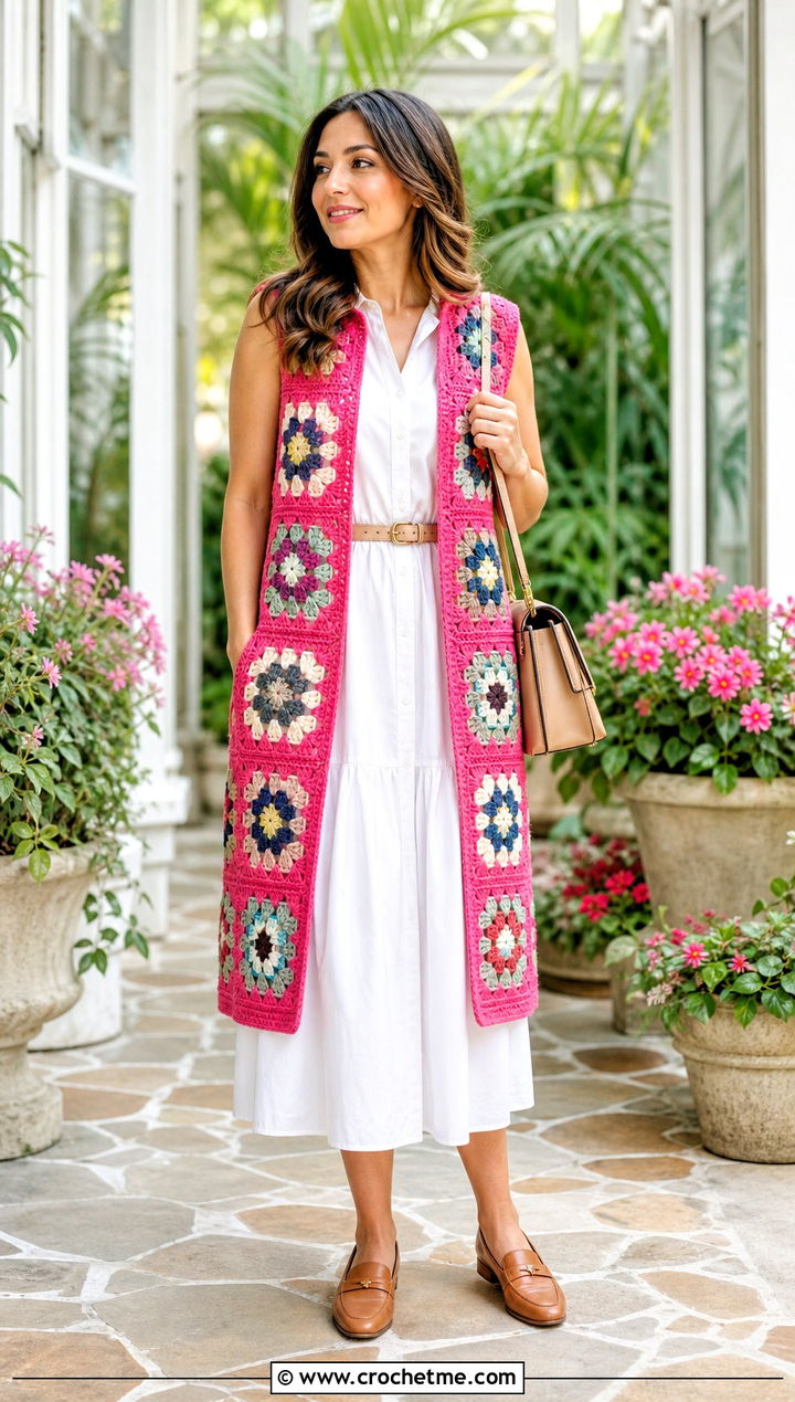 Sleeveless Granny Square Cardigan With Poplin Dress - 35 Easy Simple Crochet Granny Square Cardigan outfit ideas
