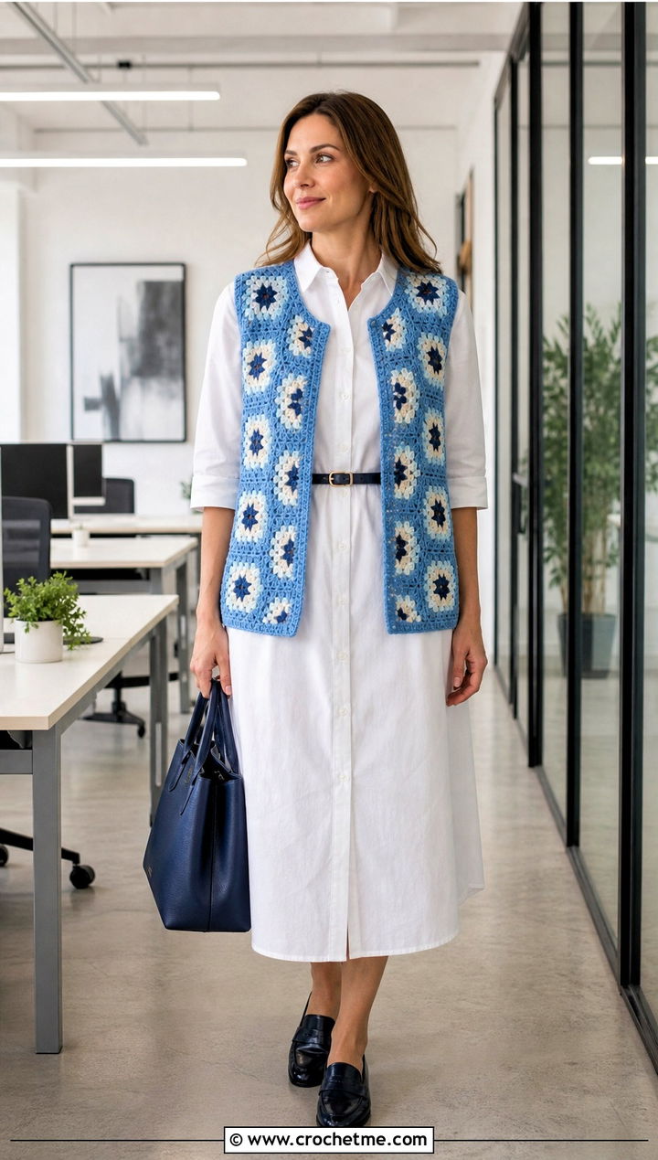 Sleeveless Granny Square Cardigan With Poplin Shirt Dress - 30 crochet granny squares cardigan outfit ideas