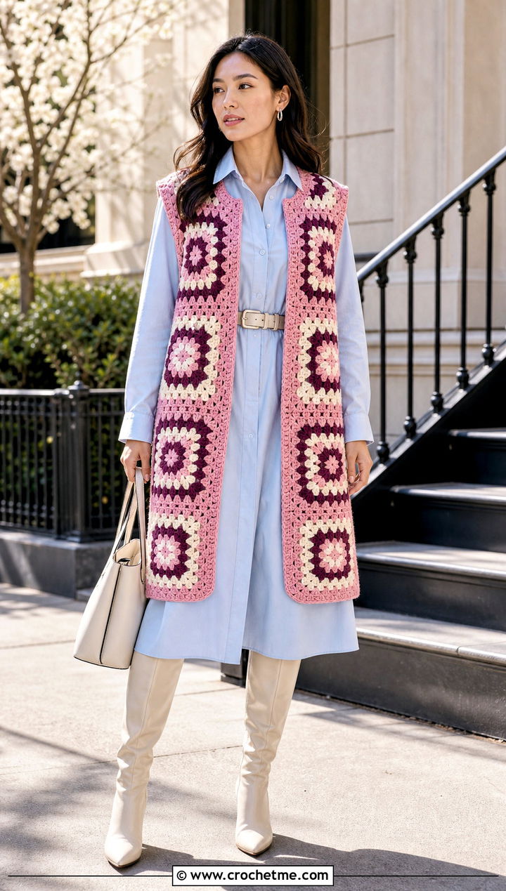 Sleeveless Granny Square Coat Vest With Shirt Dress And Boots - 15 crochet granny square afghan style coat cardigan outfit ideas