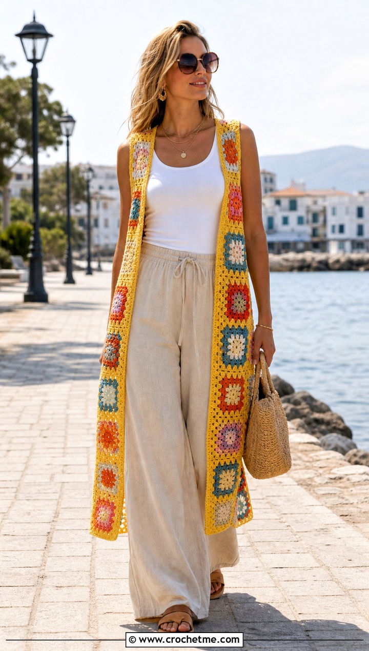 Sleeveless Granny Square Crochet Duster With Linen Pants - 15 Granny Square Crochet Duster outfit ideas