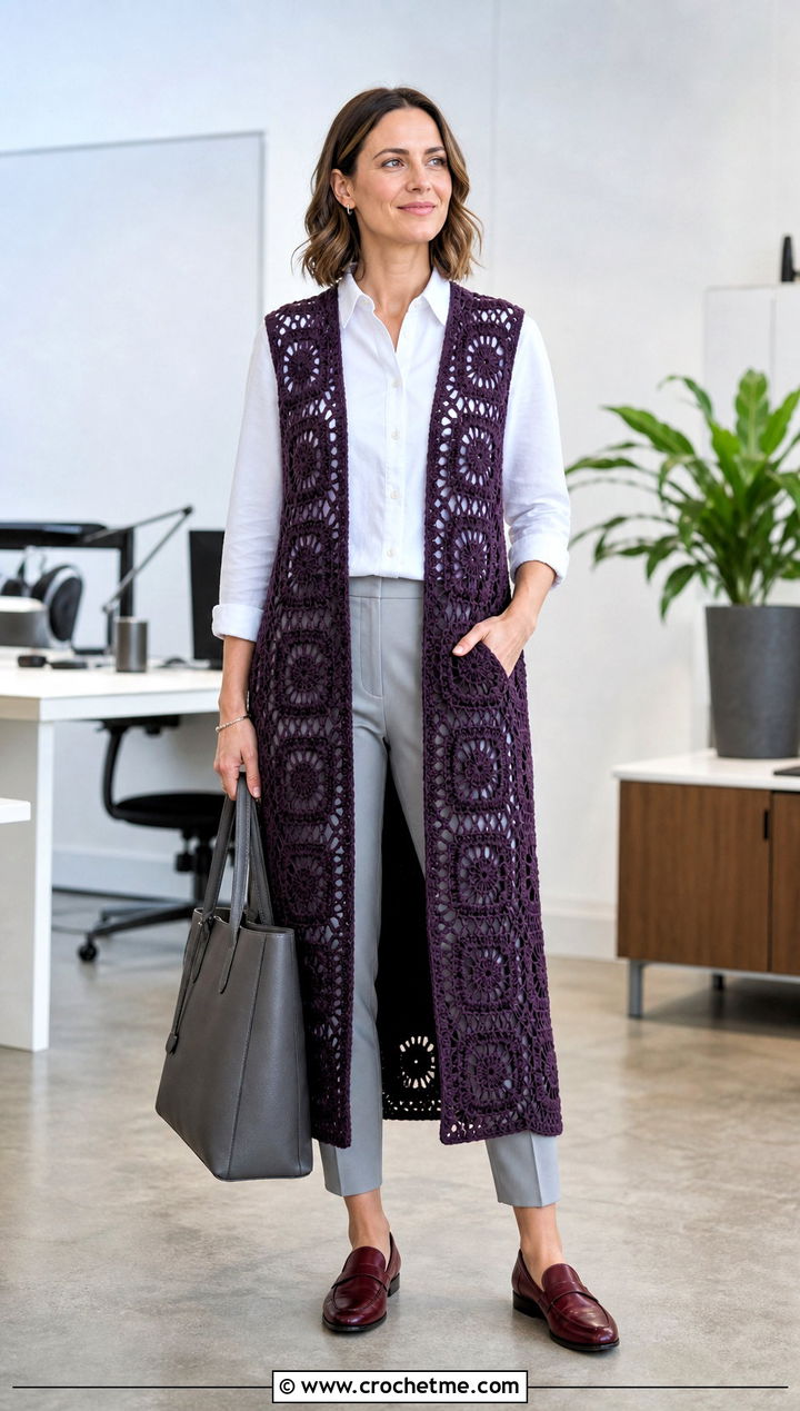 Sleeveless Granny Square Duster With White Shirt - 25 Crochet Granny Square Duster outfit ideas