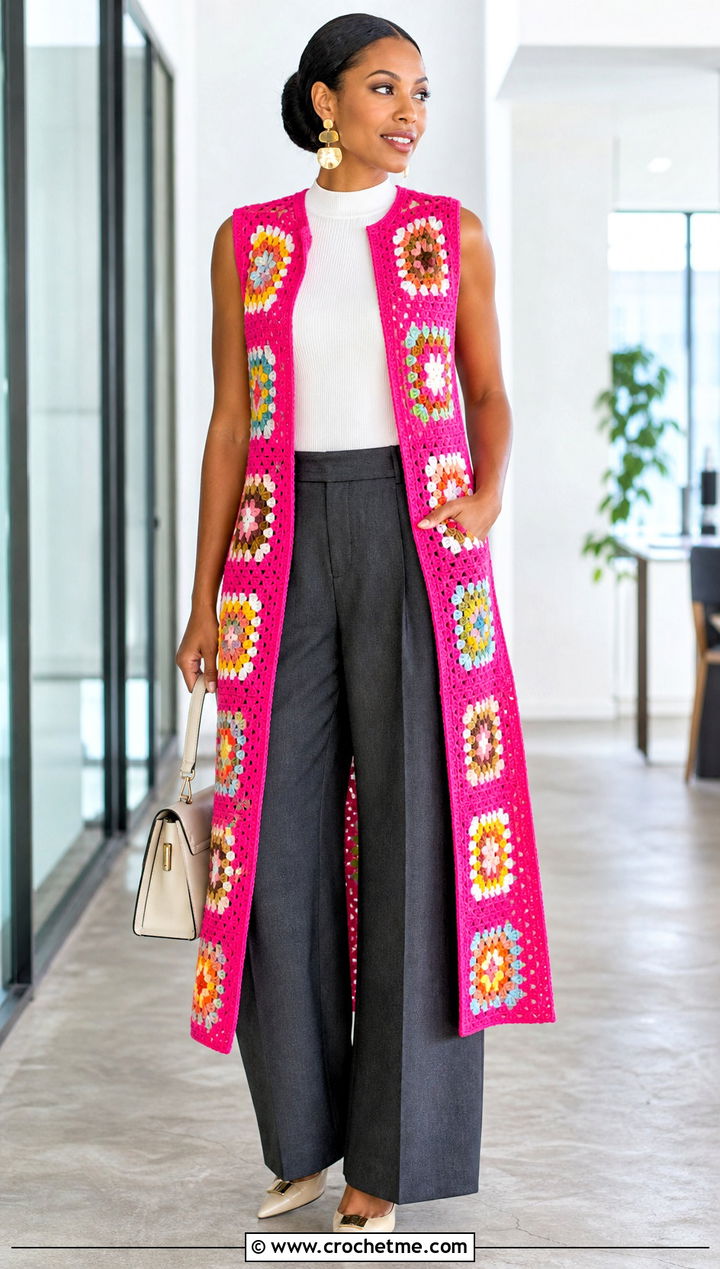 Sleeveless Granny Square Duster With Wide Leg Pants - 35 granny square duster outfit ideas