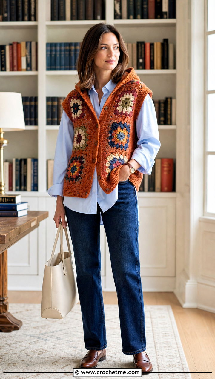 Sleeveless Granny Square Hooded Cardigan With Poplin Shirt - 25 Granny Square Hooded Cardigan outfit ideas
