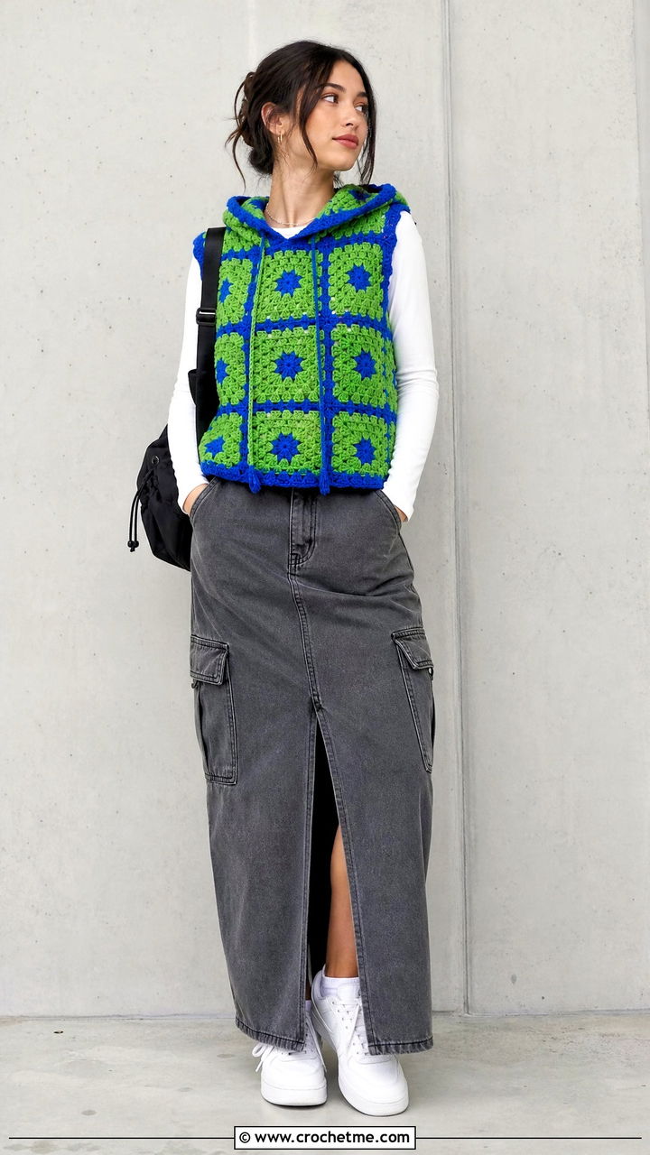 Sleeveless Granny Square Hoodie With Cargo Maxi Skirt - 35 granny square hoodie outfit ideas