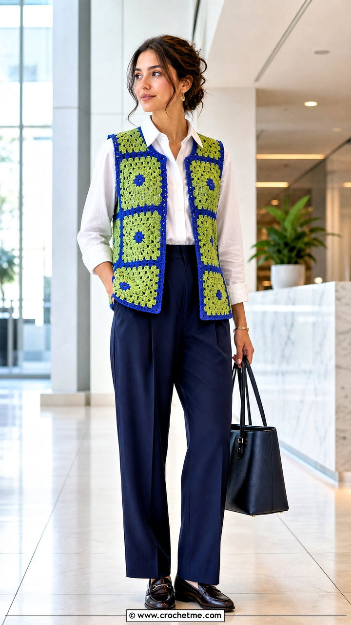 Sleeveless Granny Square Jacket With Button Down Shirt - 35 granny square jacket outfit ideas