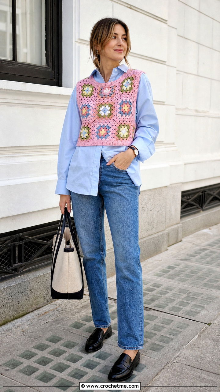 Sleeveless Granny Square Jumper Vest With Poplin Shirt And Jeans - 35 crochet granny square jumper outfit ideas