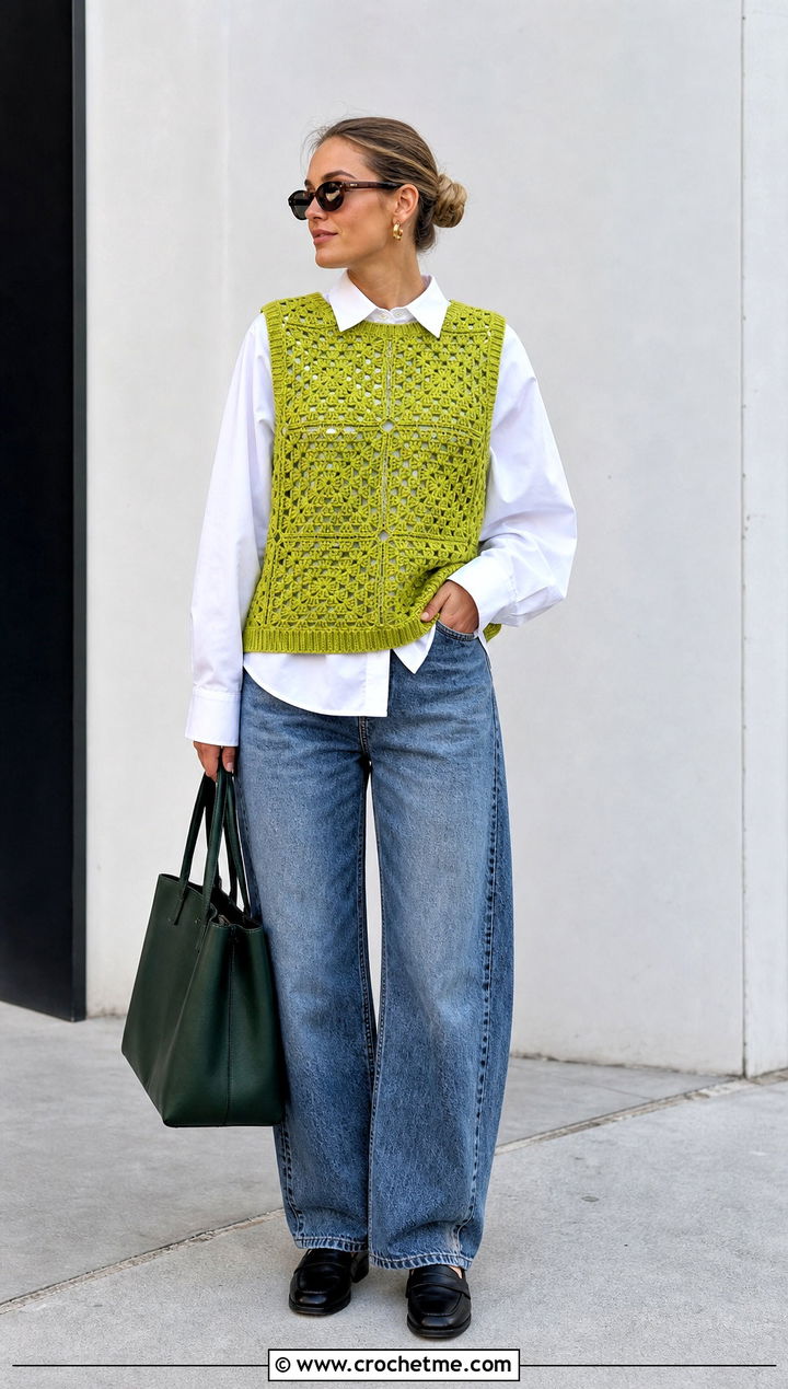 Sleeveless Granny Square Jumper With Poplin Shirt And Barrel Jeans - 35 granny square jumper outfit ideas