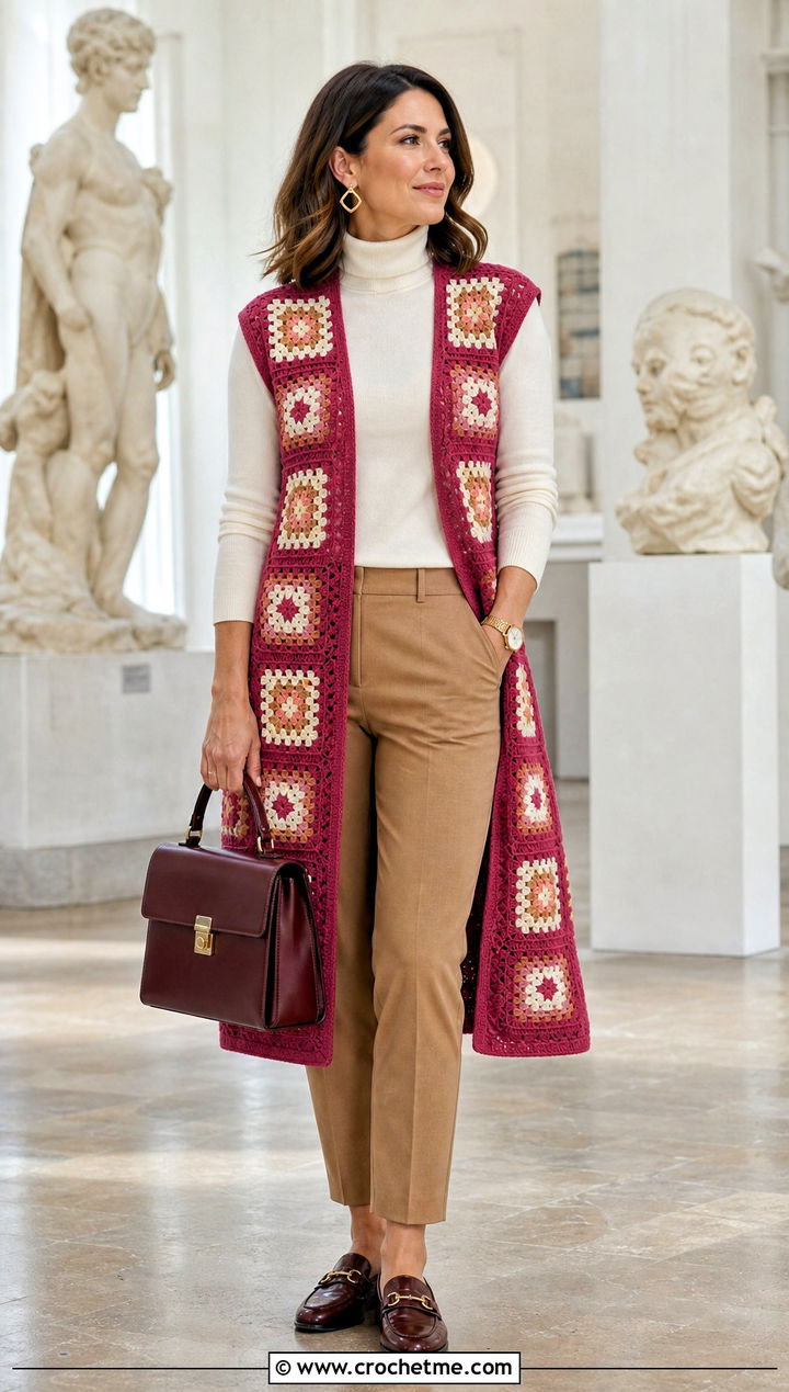 Sleeveless Granny Square Long Cardigan With Turtleneck - 25 crochet granny square long cardigan outfit ideas