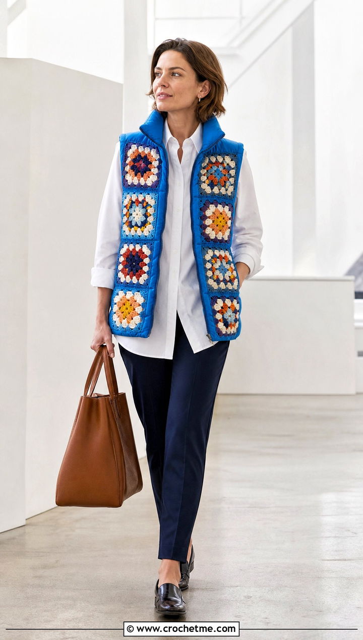 Sleeveless Granny Square Puffer Jacket With Poplin Shirt - 15 granny square puffer jacket outfit ideas