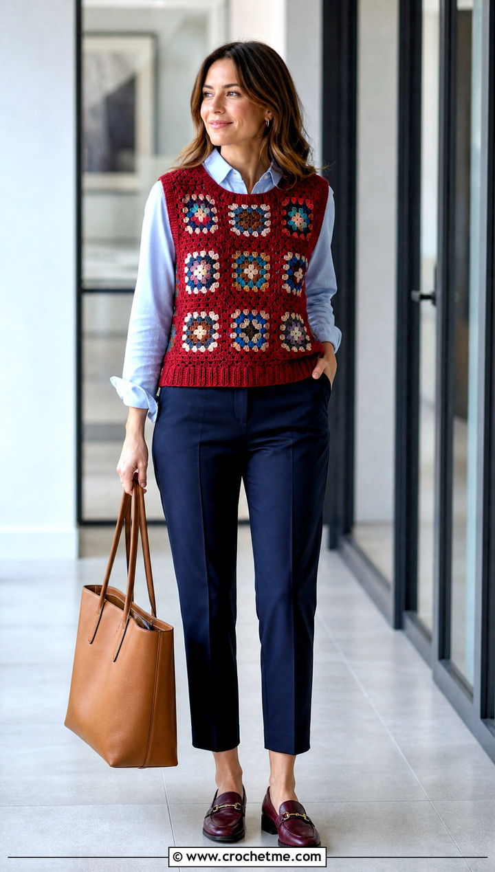 Sleeveless Granny Square Pullover Sweater Over A Button Down Shirt - 35 Granny Square Pullover Sweater outfit ideas