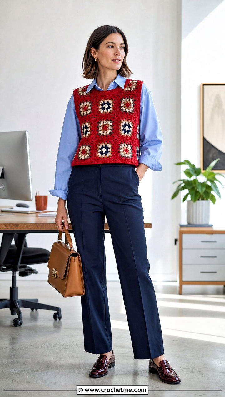 Sleeveless Granny Square Pullover With Button Down Shirt - 15 love my granny crochet pullover outfit ideas