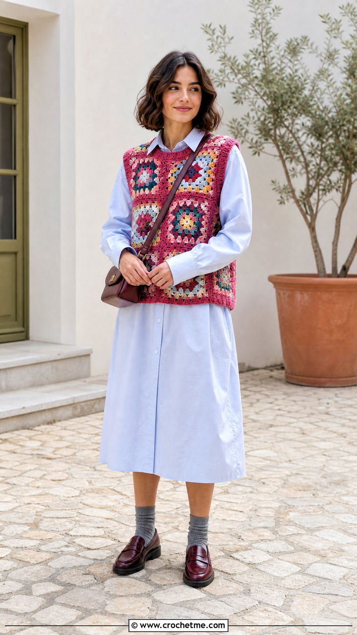 Sleeveless Granny Square Pullover With Poplin Dress - 35 granny square pullover outfit ideas