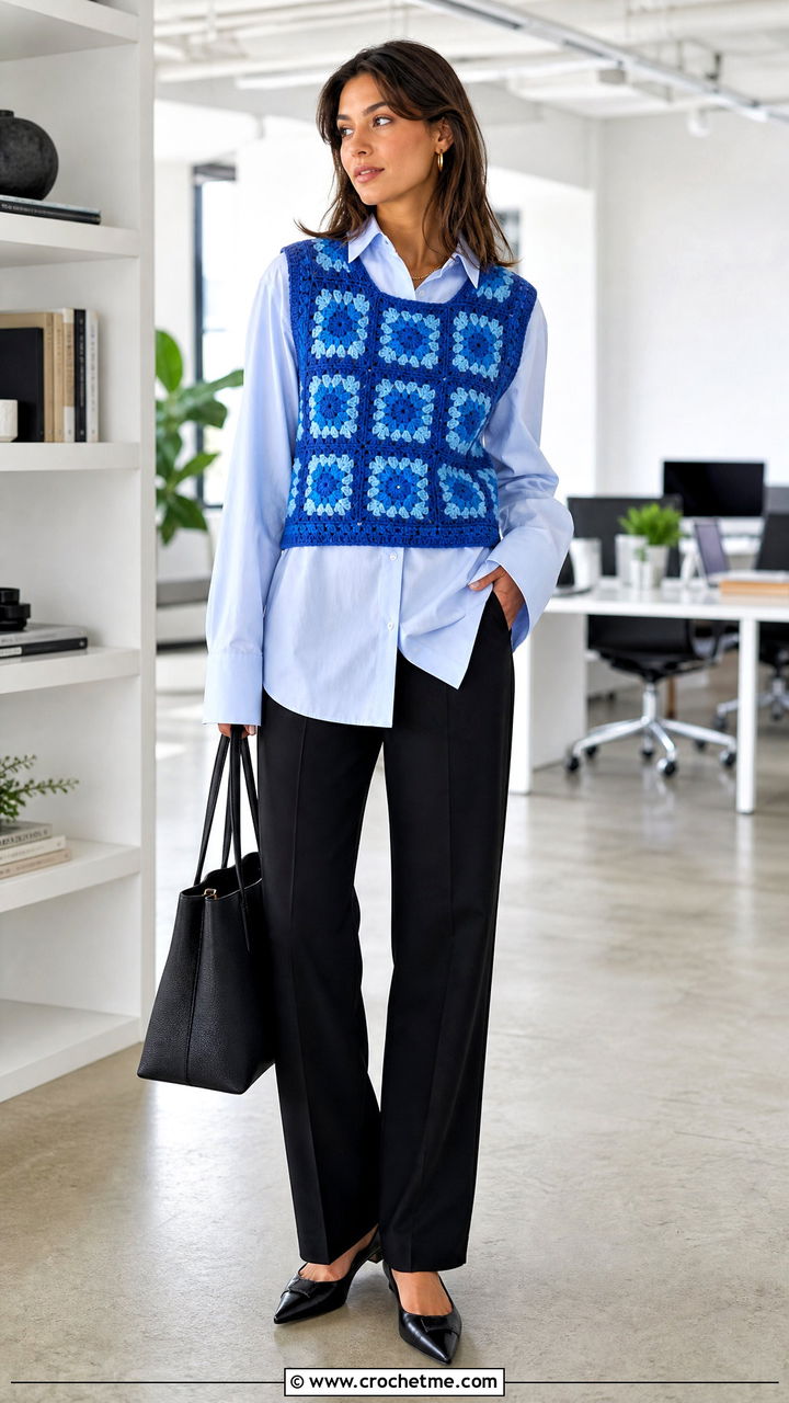 Sleeveless Granny Square Pullover With Poplin Shirt - 35 crochet granny square pullover outfit ideas