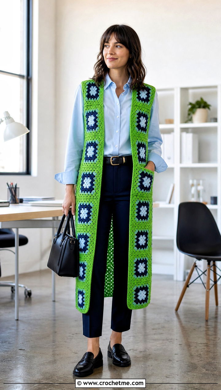Sleeveless Granny Square Robe With Button Down Shirt - 20 granny square robe outfit ideas