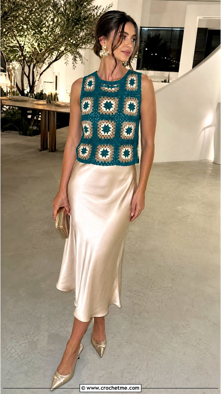 Sleeveless Granny Square Shirt With Satin Midi Skirt - 35 granny square shirt outfit ideas