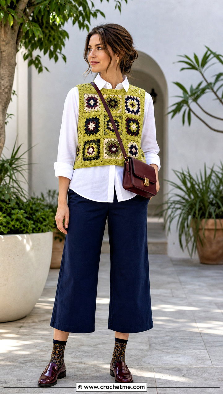 Sleeveless Granny Square Sweater With Button Down Shirt - 25 Fall Granny Square Sweater outfit ideas