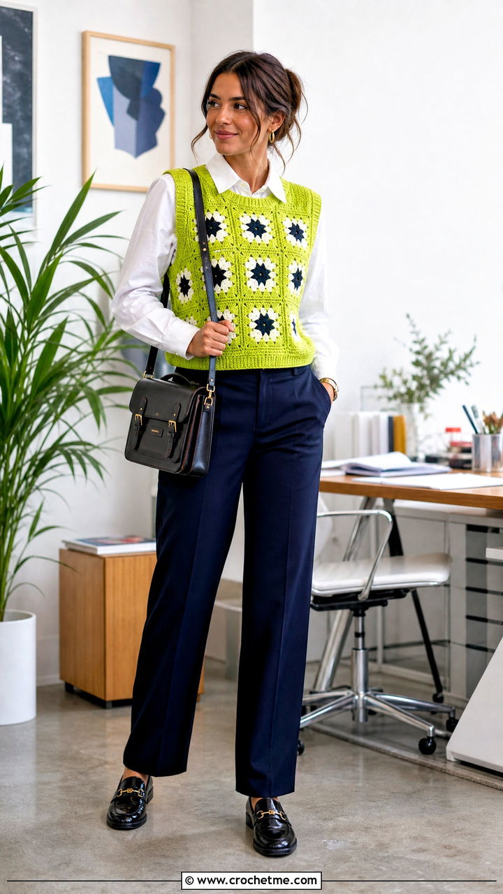 Sleeveless Granny Square Sweater With Button Down Shirt - 35 4 Granny Square Sweater outfit ideas
