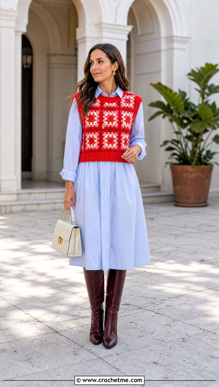 Sleeveless Granny Square Sweater With Poplin Dress - 25 Square Crochet Sweater outfit ideas
