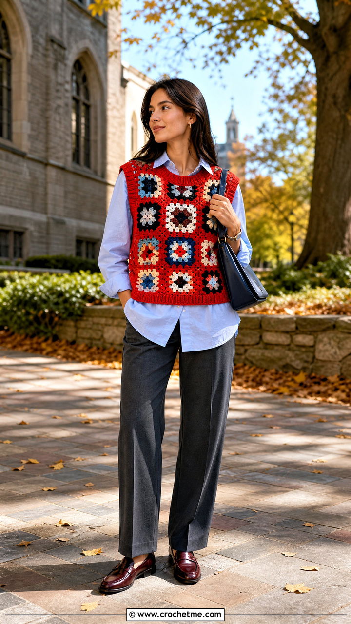 Sleeveless Granny Square Sweater With Poplin Shirt - 35 crochet granny square sweater outfit ideas