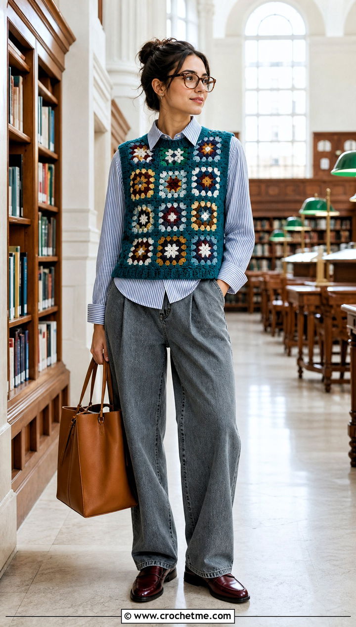 Sleeveless Granny Square Sweater With Striped Shirt - 35 granny squares top outfit ideas