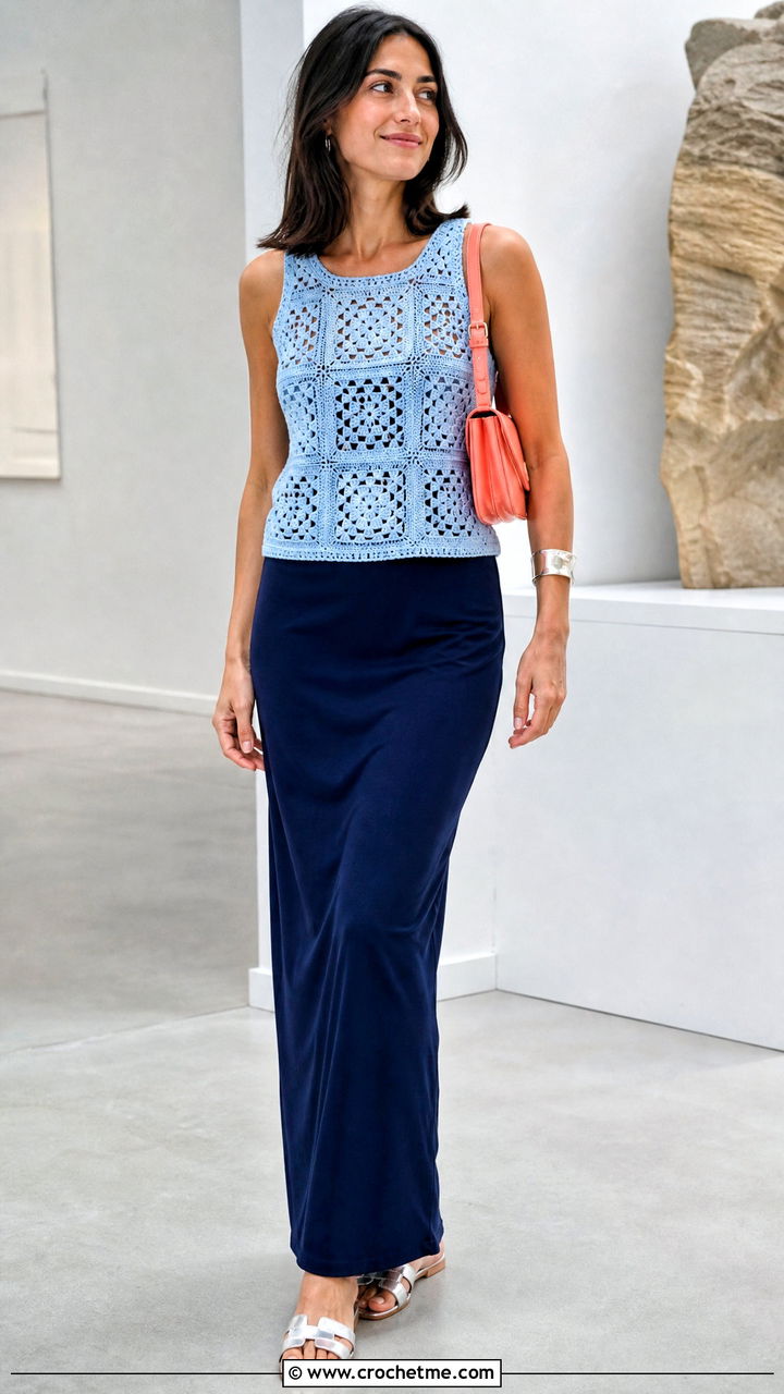 Sleeveless Granny Square Top With Column Maxi Skirt - 35 crochet granny square top outfit ideas