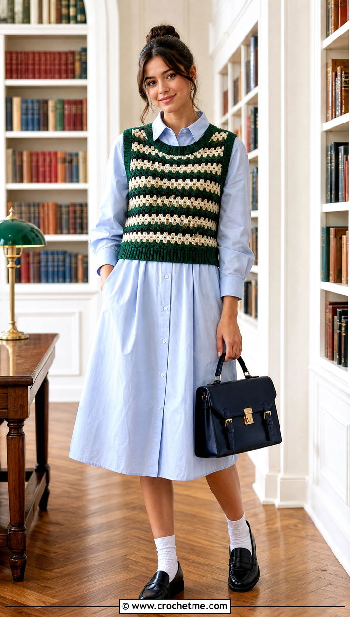 Sleeveless Granny Stripe Crochet Sweater Vest Over A Poplin Dress - 25 Granny Stripe Crochet Sweater outfit ideas