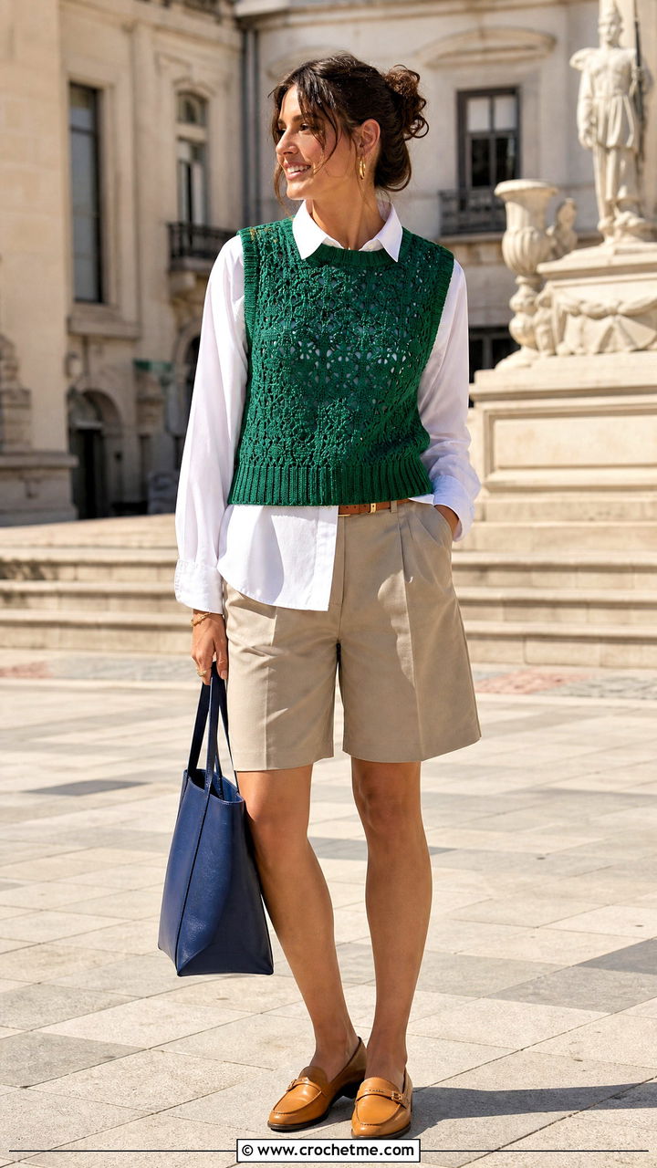 Sleeveless Green Crochet Sweater Vest With Bermuda Shorts - 35 green crochet sweater outfit ideas