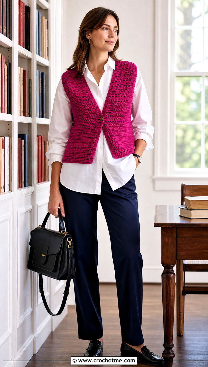 Sleeveless Half Double Crochet Cardigan With Poplin Shirt - 25 Half Double Crochet Cardigan outfit ideas