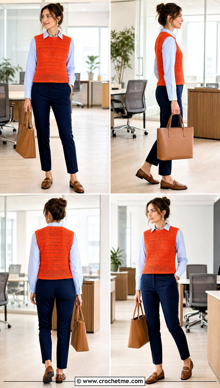 Sleeveless Half Double Crochet Sweater With Poplin Shirt - 30 half double crochet sweater outfit ideas