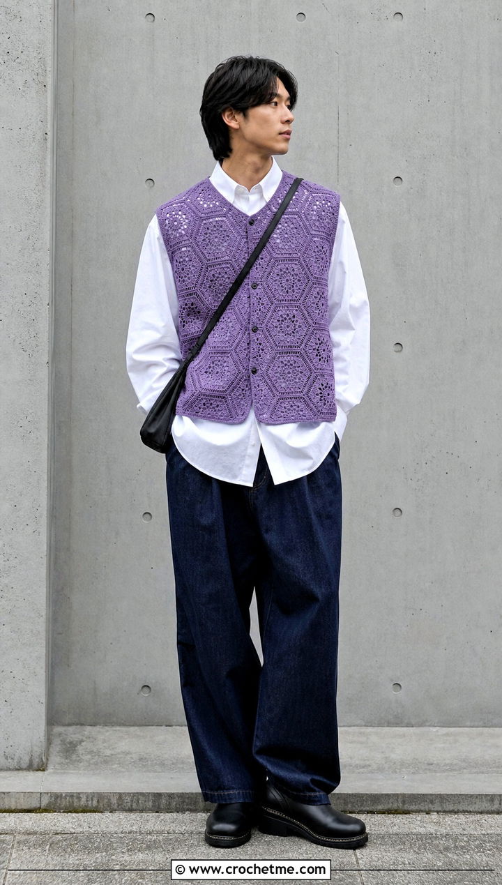 Sleeveless Hexagon Crochet Cardigan With Poplin Shirt And Jeans - 35 men hexagon crochet cardigan outfit ideas