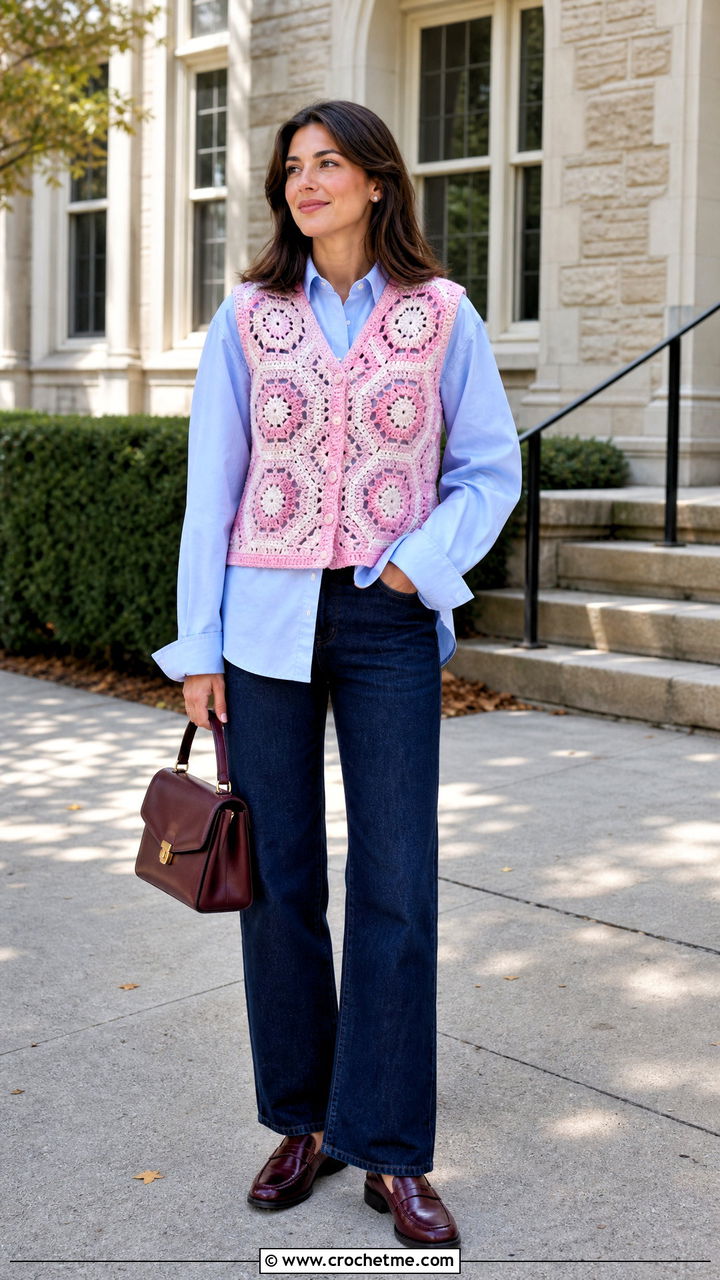 Sleeveless Hexagon Granny Square Cardigan With Poplin Shirt - 35 hexagon granny square cardigan outfit ideas