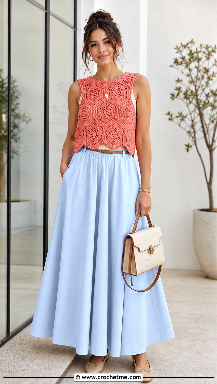 Sleeveless Hexagon Jumper With Poplin Maxi Skirt - 30 crochet hexagon jumper outfit ideas