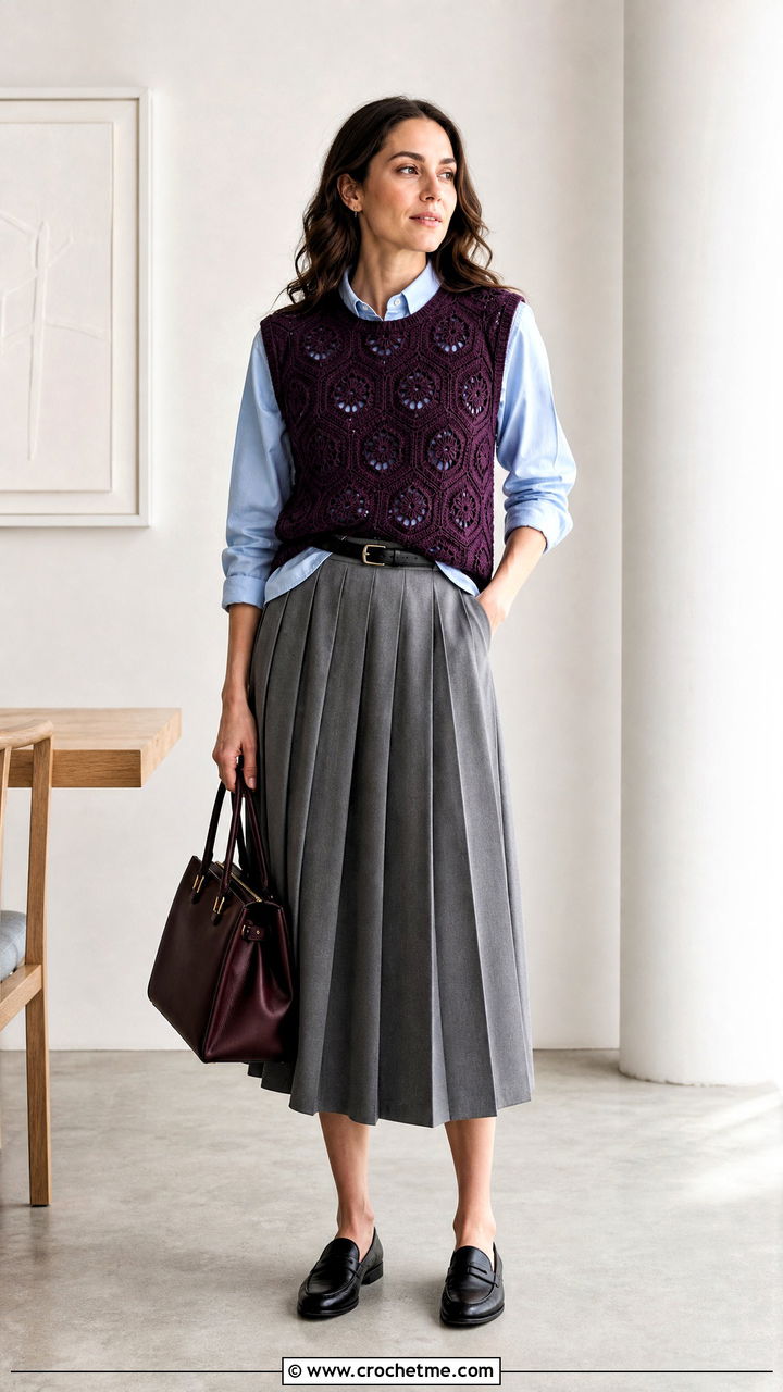 Sleeveless Hexagon Pullover With Pleated Midi Skirt - 35 crochet hexagon pullover outfit ideas